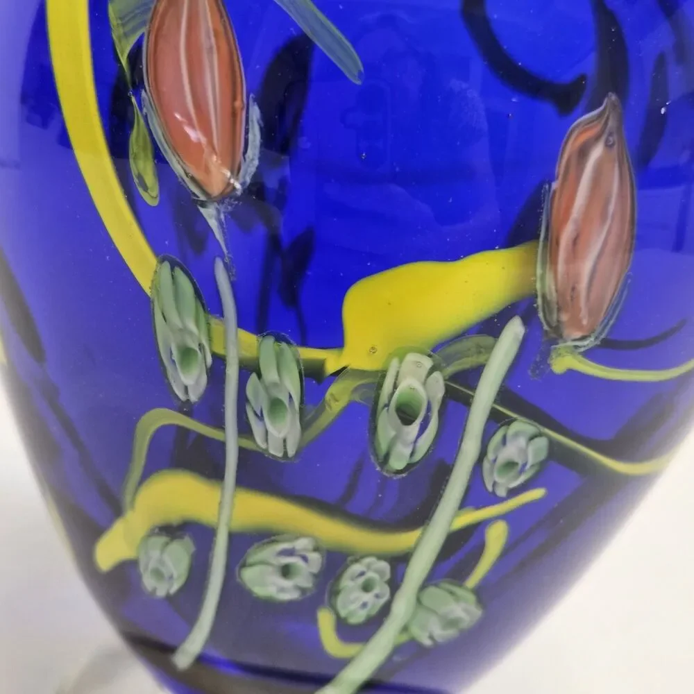 VTG Kusak Art Glass Paperweight Pedestal Vase Cobalt Blue with Cased Flowers 6” - Picture 4 of 11